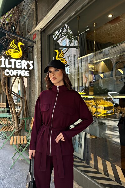 BEJNA Women's Belted Soft Modal Textured Top and Bottom Set