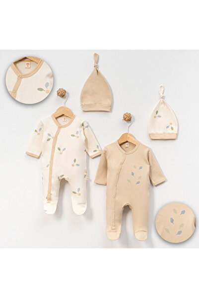 Minisse 4945MS Bebek Yaprak Baskılı Şapkalı 2'li Tulum
