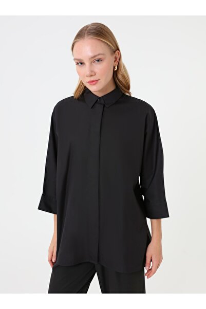 Refka Cotton Fabric Hidden Button Blouse / Shirt - Black - Exclusive