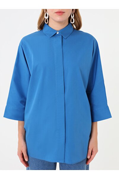 Refka Cotton Fabric Hidden Button Blouse / Shirt - Indigo - Exclusive