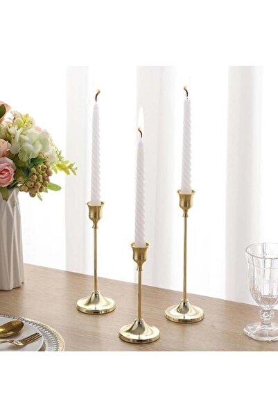 Generic Set of 3 Gold Metal Taper Candle Holders - Vintage Modern Decorative Centerpiece