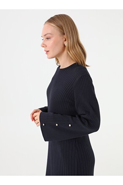 Refka Elegant Button Detailed Knitwear Hijab Dress - Navy Blue -