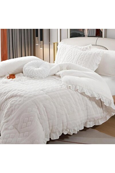 Alhabib bedding Lina Winter Queen White Luxury Faux Fur Bedspread Set, 6 Pieces