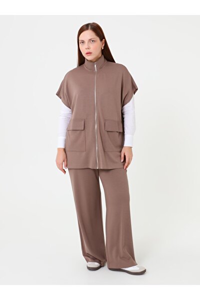 ALİA Zippered Short Sleeve Vest Detailed Plus Size Suit - Mink -