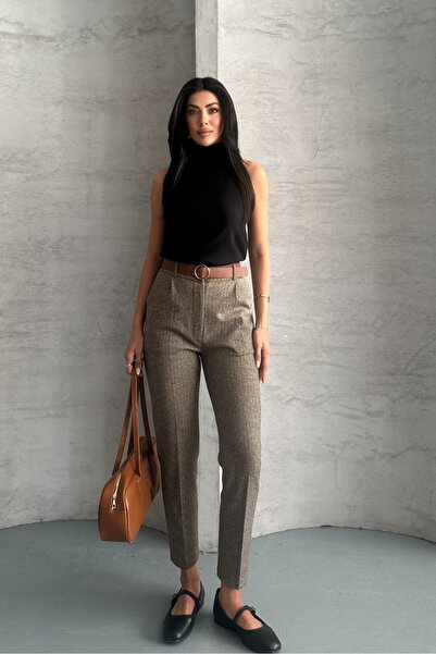 macharel jeans Γυναικείο παντελόνι με στάμπα με στενό πόδι με τσέπες και ζώνη