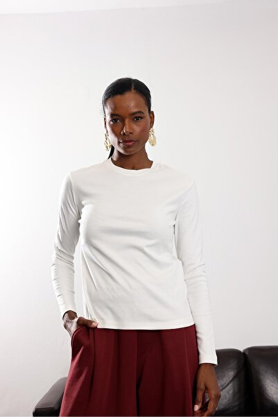 5in1Canpolat Ecru Long Sleeve Basic T-Shirt 1103