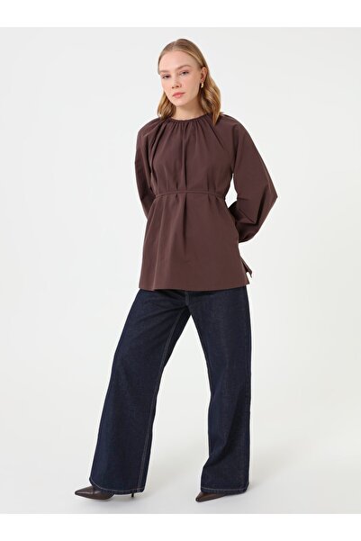Refka Poplin Fabric Ruched Detail Belted Blouse / Shirt - Dark Brown -