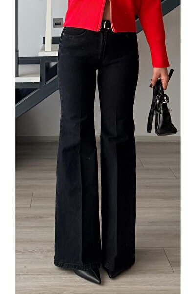 Oslove Black Washed Self-Belted Flared Jean