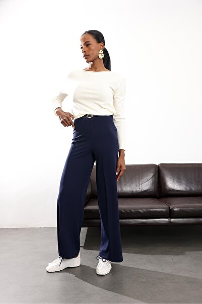 5in1Canpolat Navy Blue Belted Stretch Fabric Palazzo Pants 9150
