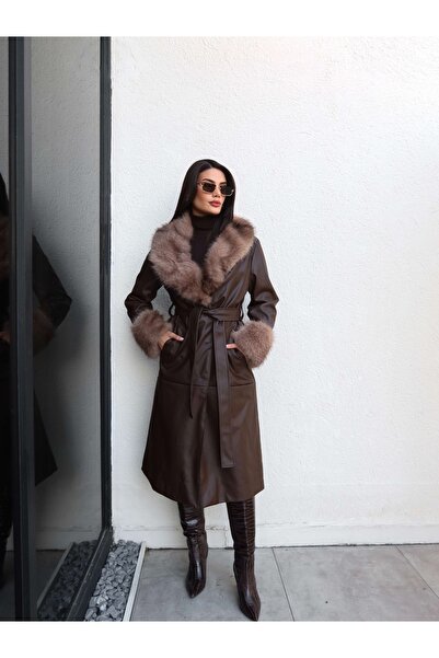 ESRAHELVACI Шкіряний тренч з хутряними деталями та поясом