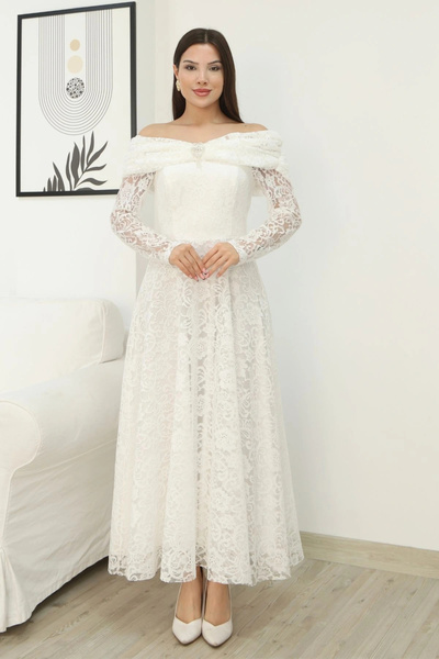 lodmela Βραδινό φόρεμα με δαντέλα Magic of Love 6055-Λευκό