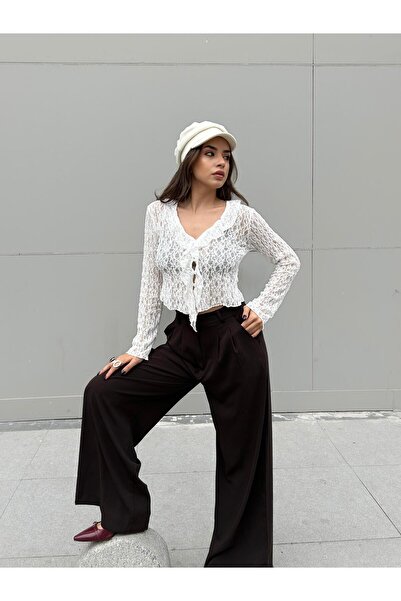 minaaise Women's Ecru Ruffled Lace Blouse 30106