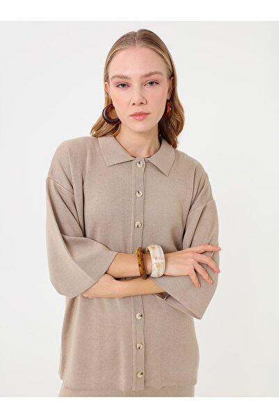 Refka Soft Buttoned Polo Neck Knitwear Set - Light Mink -