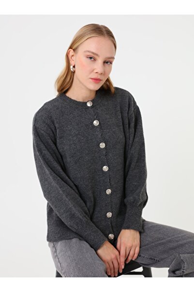 Benin Button Detailed Balloon Sleeve Knit Cardigan - Anthracite -