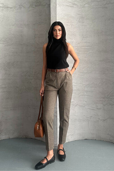 macharel jeans Γυναικείο παντελόνι με στάμπα με στενό πόδι με τσέπες και ζώνη