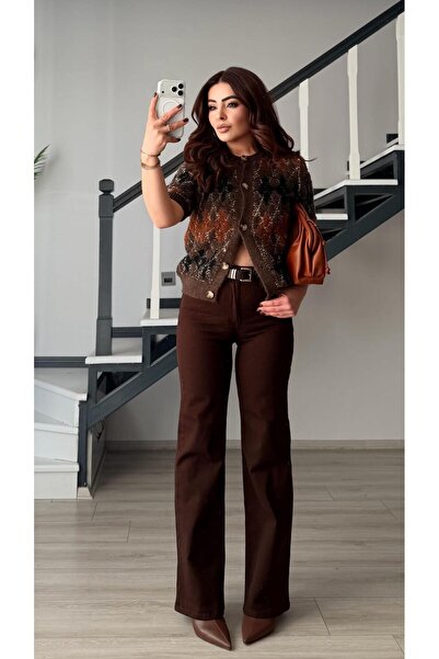 Oslove Coffee belt Stretch Fabric Wide Leg jean