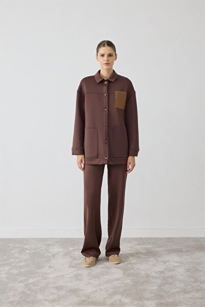 TERZİ DÜKKANI Evva Leather Detail Scuba Pants Suit Brown