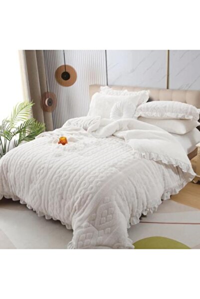 Alhabib bedding Lina Winter Queen White Luxury Faux Fur Bedspread Set, 6 Pieces