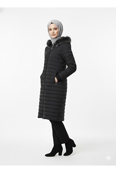 QUBERZ Women's Quilted Long Coat Hooded with Fur Detail – Black