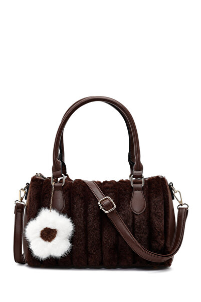 Derimod Women's Brown Long Strap Plush Shoulder Bag with Accessories 25Wbd2673Ph