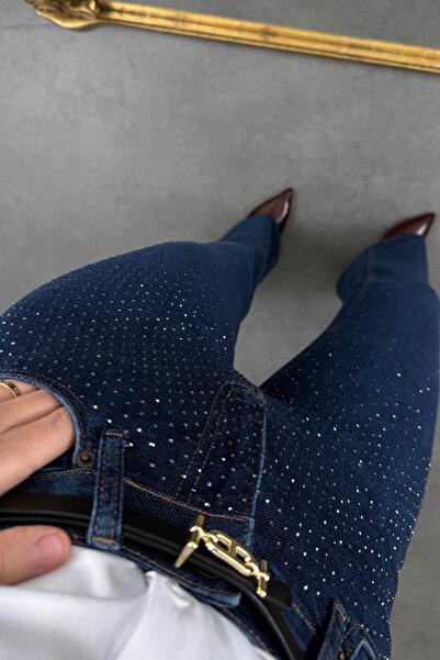 5in1Canpolat Dark Blue Stone Embroidered Flare Jean 7600