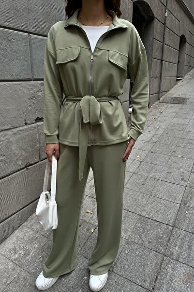 BEJNA Women's Belted Soft Modal Textured Top and Bottom Set