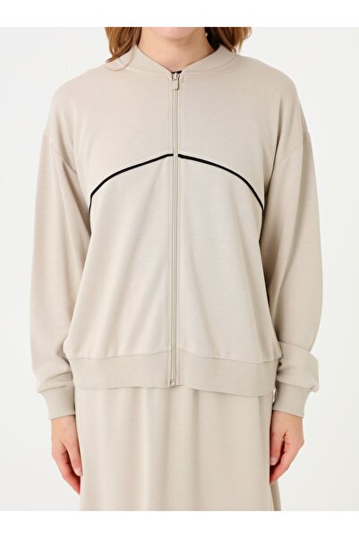 Benin Stripe Detailed Zippered Sweatshirt & Long Skirt Set - Stone Color -