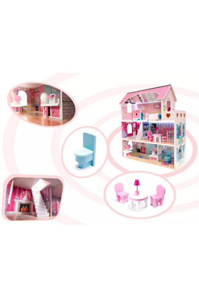 OEM MercaDoll MDF Dollhouse with LED, 3 Levels, 5 Rooms + Terrace, 9 Furniture Pieces, 70 x 27 x 62 cm
