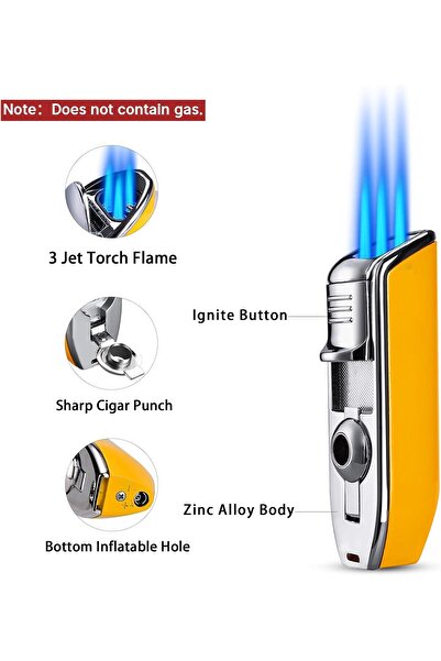 CIGARLOONG Cigar Lighter Alloy 3 Jet Torch Flame Refillable Windproof Lighter with Cigar Punch (Yell