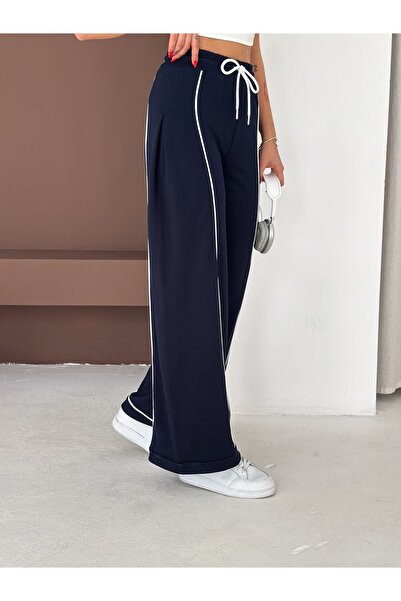 Gugus Women's White Striped Modal Pleated Trackpants Wide Leg