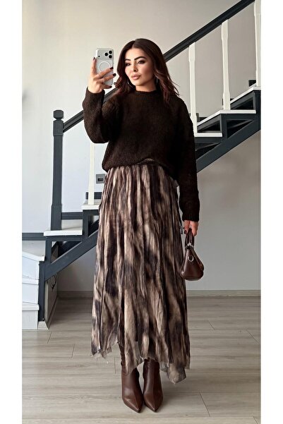 Oslove Coffee-cream lined asymmetric skirt with elastic waist