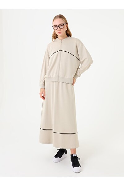 Benin Stripe Detailed Zippered Sweatshirt & Long Skirt Set - Stone Color -