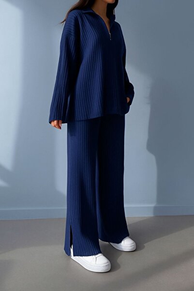 Fua Shop Women's Ribbed Collar, Zippered Leg Slits, Side Zipper Knitwear Suit