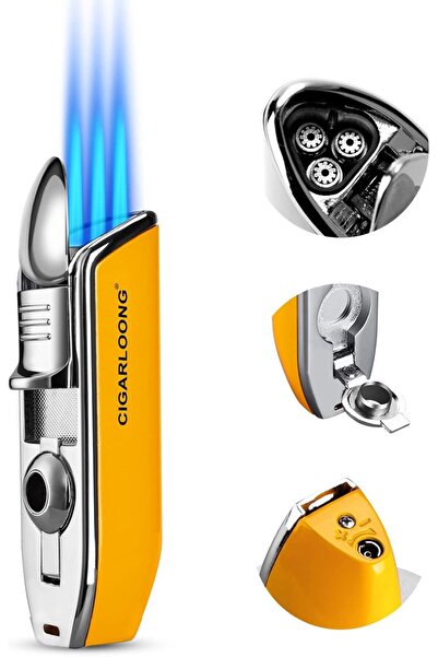 CIGARLOONG Cigar Lighter Alloy 3 Jet Torch Flame Refillable Windproof Lighter with Cigar Punch (Yell