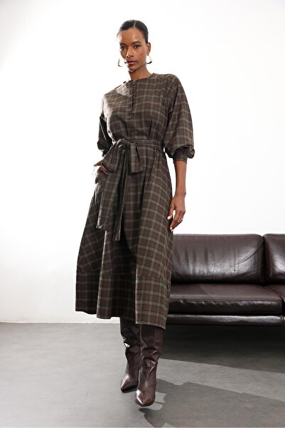 5in1Canpolat Khaki Plaid Belted Dress 1235