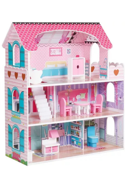 OEM MercaDoll MDF Dollhouse with LED, 3 Levels, 5 Rooms + Terrace, 9 Furniture Pieces, 70 x 27 x 62 cm