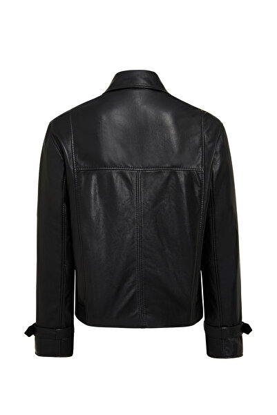 Derimod Paloma Women's Black Short Oversized Double-Breasted Collar Leather Jacket 25Wgd5608Ve