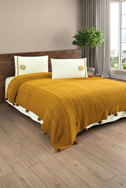 Sevim Knitted & Rose Embroidered Blanket Set - Dowry Set 4 Piece Blanket - Rosetta - Mustard