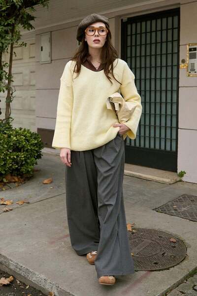 Ceylan Otantik Butter Yellow V-Neck Knitwear Sweater & Anthracite Pleated Detail Palazzo Pants Sets