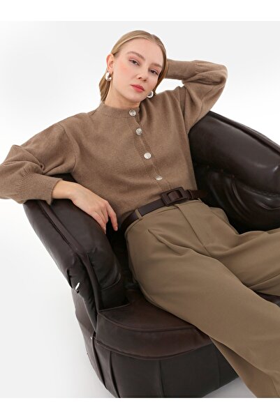 Benin Button Detailed Balloon Sleeve Knit Cardigan - Camel -