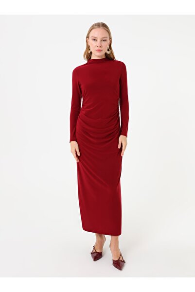 Refka Draped Detailed Dress Hijab Dress - Burgundy -