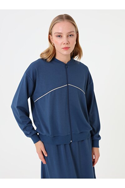 Benin Stripe Detailed Zippered Sweatshirt & Long Skirt Set - Petrol -