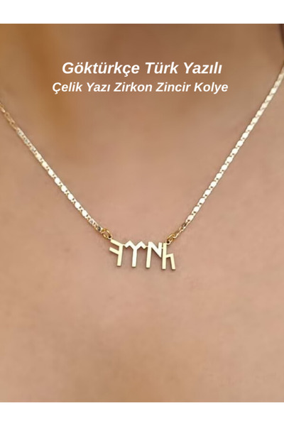 Tuana Trend Göktürkçe Türk Yazılı Çelik İsim Zirkon Kaplama Zincir Kolye Türk Yazılı Kolye