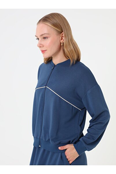 Benin Stripe Detailed Zippered Sweatshirt & Long Skirt Set - Petrol -