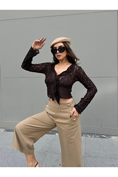 minaaise Γυναικεία καφέ μπλούζα με δαντέλα 30106