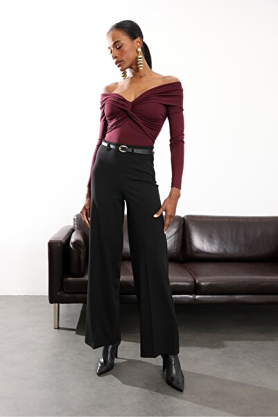 5in1Canpolat Black Belted Stretch Fabric Palazzo Pants 9150