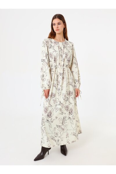 Refka Φόρεμα Τεσετύρα με μοτίβο και λεπτομέρεια με κορδόνια στα μανίκια - Μοτίβο κρεμ λουλούδια -