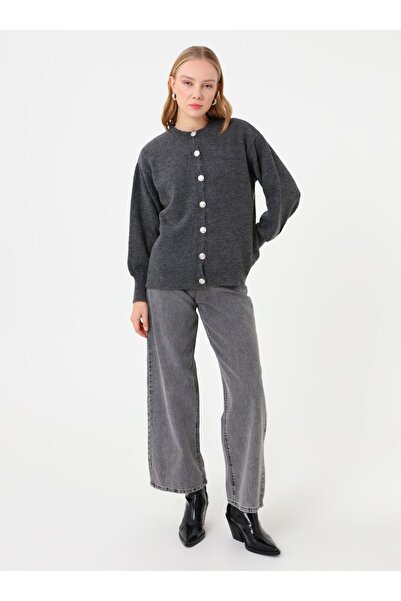 Benin Button Detailed Balloon Sleeve Knit Cardigan - Anthracite -