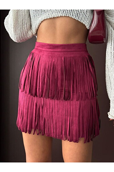 Genel Markalar Topshow Püsküllü Scuba Süet Etek Bordo