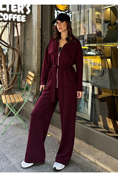 BEJNA Women's Belted Soft Modal Textured Top and Bottom Set